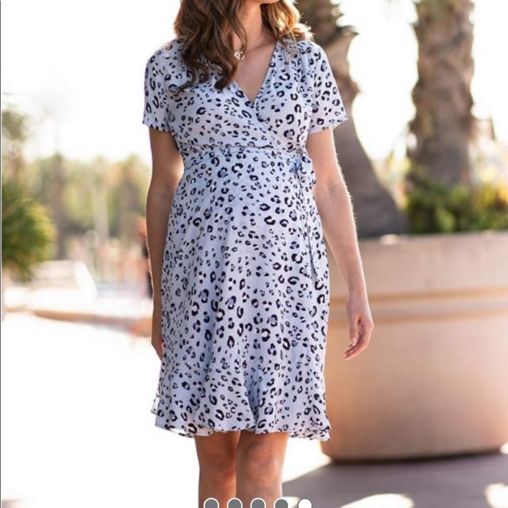 Seraphine Maternity Light Blue Leopard Ellen Wrap Dress, NWT, Size 4